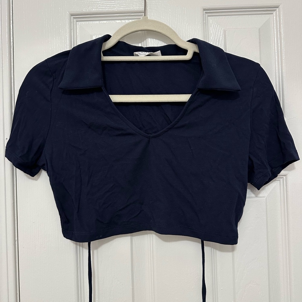 Navy Collared Crop Top